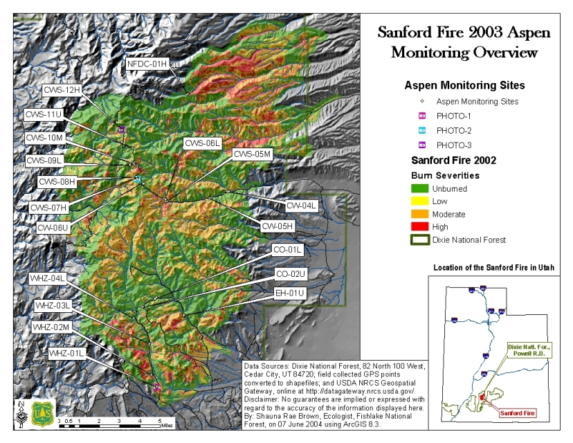 GIS map of the Sanford Fire showing the sites sampled for quaking aspen regeneration